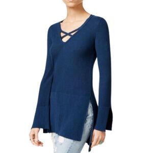 Free People Blue Criss-cross V-Neck Long Sleeve Tunic Sweater. Size XS